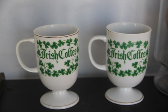 Set of 2 Porcelain Irish Coffee Mugs w/Shamrocks Irish Sayings and gold Trim