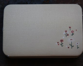 Antique travel jewelry box, White w/ pink flowers, Leather Texol by Farrington Clamshell Jewelry Box, vintage Jewelry Case,  green mohair