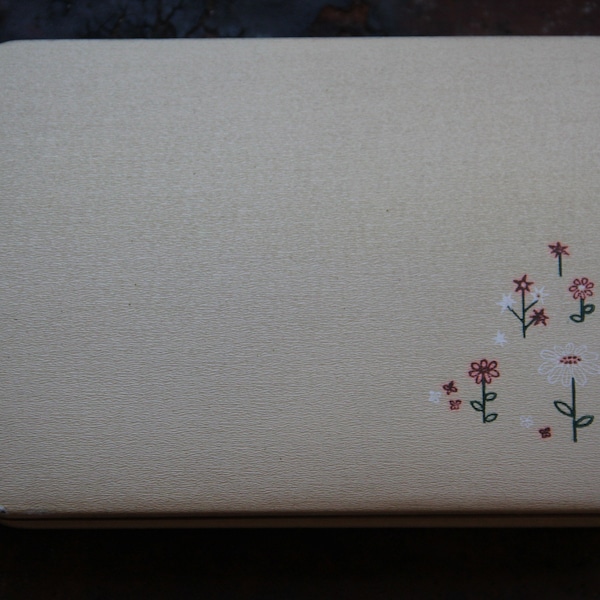 Antique travel jewelry box, White w/ pink flowers, Leather Texol by Farrington Clamshell Jewelry Box, vintage Jewelry Case,  green mohair