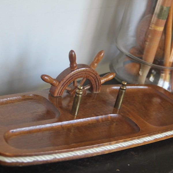 Nautical Ships wheel Vintage Dresser Desk Valet Tray solid WOOD and BRASS and ROPE