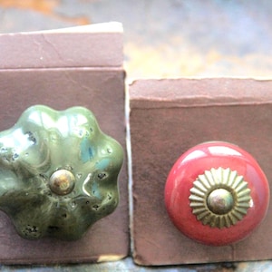 Vintage Green Floral or Red Sunburst Ceramic Knob, World Market Drawer Pull (NOS)