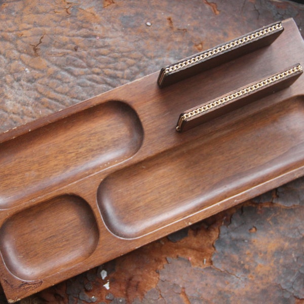 Vintage SWANK Dresser Valet,Wood Catch all, Dump Tray , solid WOOD and BRASS, hand crafted walnut valet, Wood jewelry tray, Swank Organizer