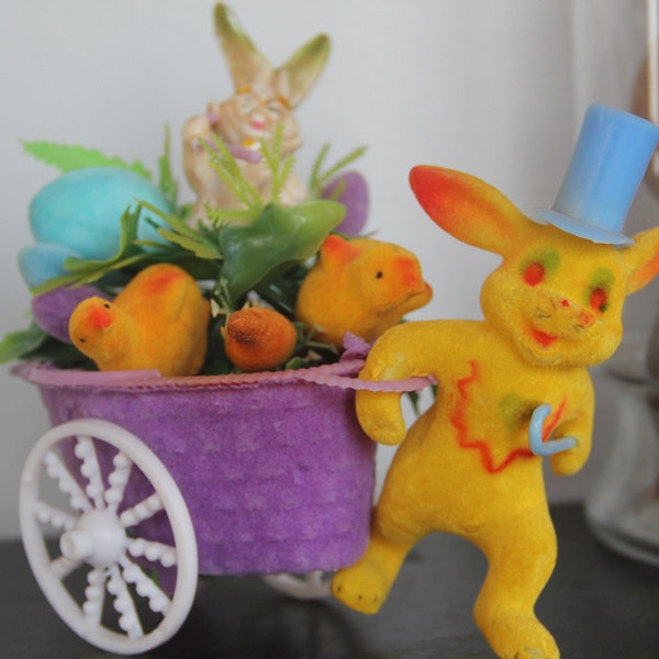 Fantastic Vintage Felt Flocked Bunny Cart w/ Bunny and Chicks , Easter Eggs & Carrots