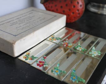 Vintage Set 8 Mirrored Place Cards From ET Nash NYC, Hand painted Floral Place Cards,Hand painted mirror place cards, Vintage food tags