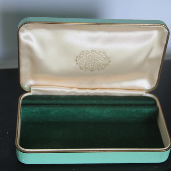 Antique TEAL Green and Green mohair jewelry box, Vintage faux ostrich leather Clamshell Jewelry Box,Jewelry Case, mohair and satin lining