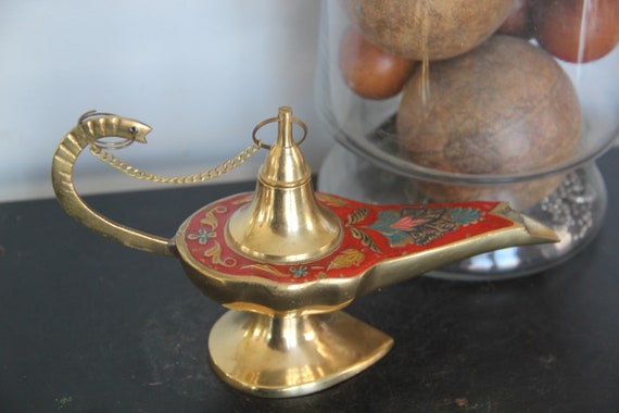 Vintage Mid-century Brass & Cloisonne Genie Oil Lamp, Incense Burner 