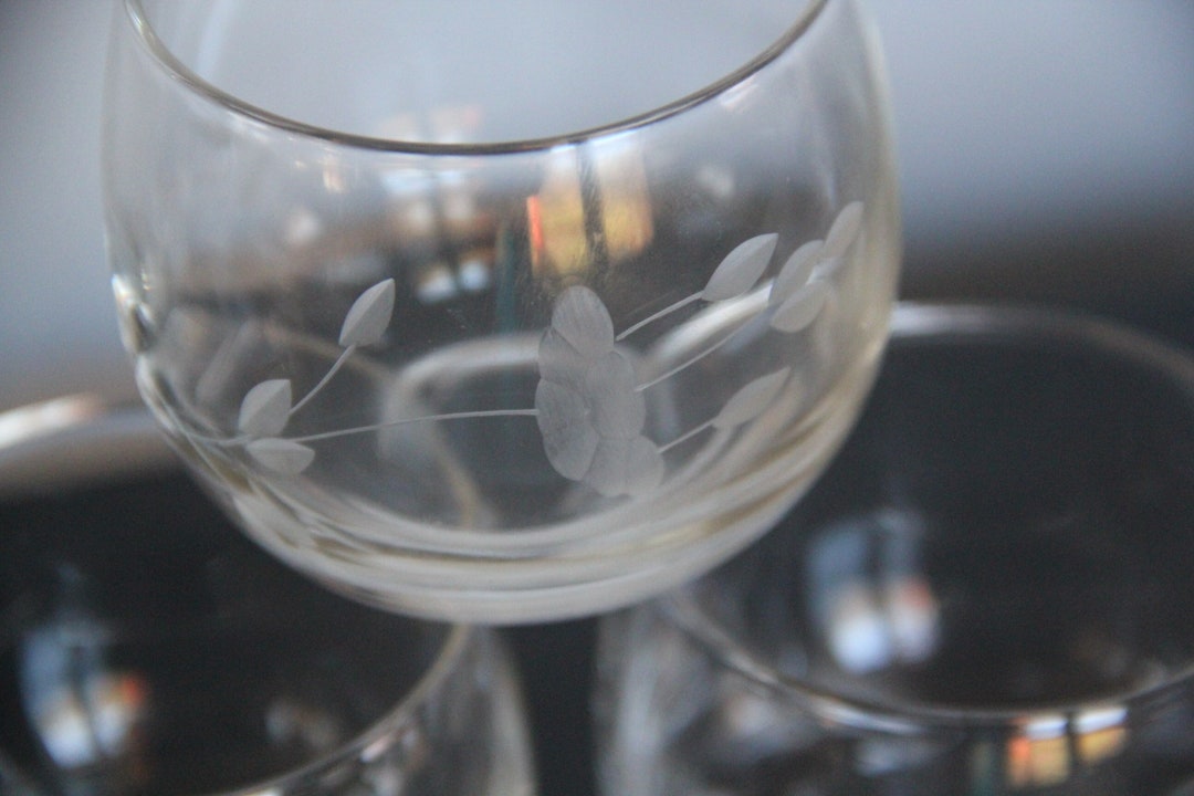 Vintage 1966 Princess House Set of 6 Floral ETCHED Roly Poly Glasses, 2