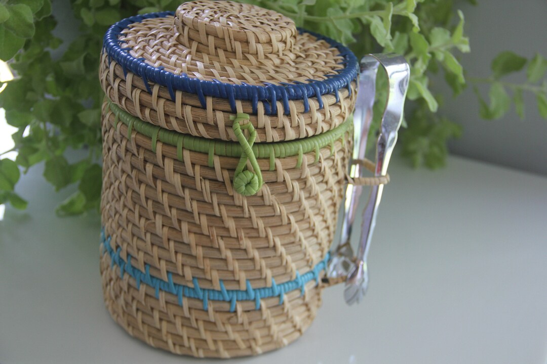 Cabana Cool Vintage Wicker Ice Bucket Barware With Ice Tongs Etsy