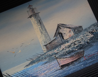 Framed Lighthouse Painting, Seagulls & Boat, Signed Coastal Art (10x12)