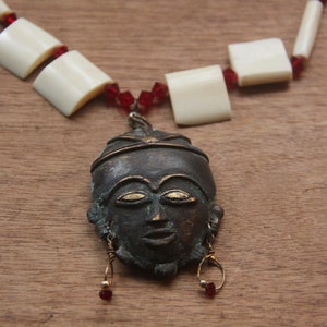 BEAUTIFUL Vintage African bead & brass necklace with bronze passport mask, Red bead earrings, Vintage African Necklace