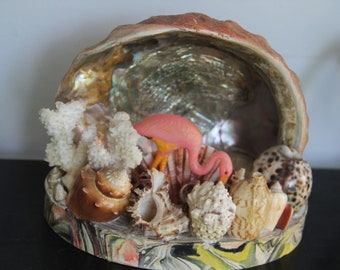 Vintage seashell art, Vintage shell art in plaster, Vintage flamingo , Abalone shell scene, vintage Beach house decor, Vintage shell art,
