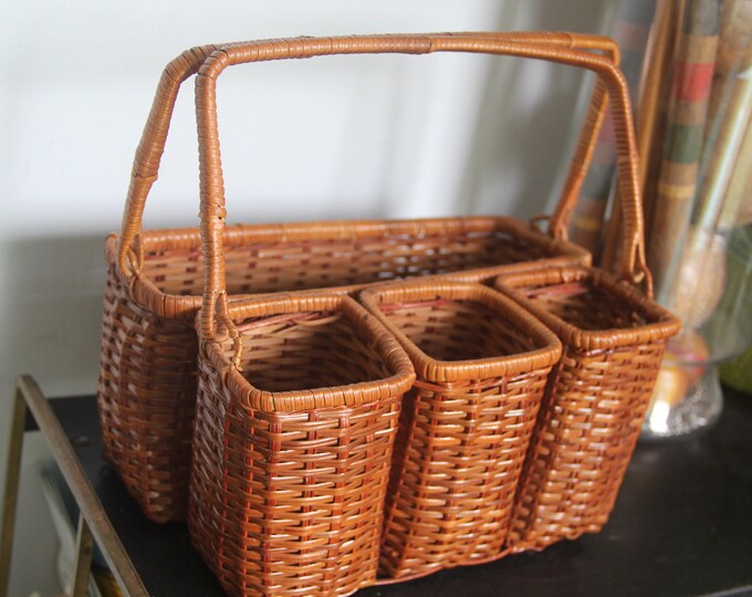 Vintage WICKER Silverware Caddy, Vintage Silverware Caddy, Vintage