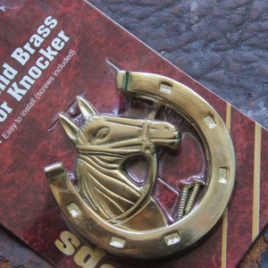 Beautiful Vintage Horse head and Horseshoe Brass Door KNOCKER, 3.75&quot; x 3.5&quot; wide, Vintage Solid Brass Door knocker, New Old Stock