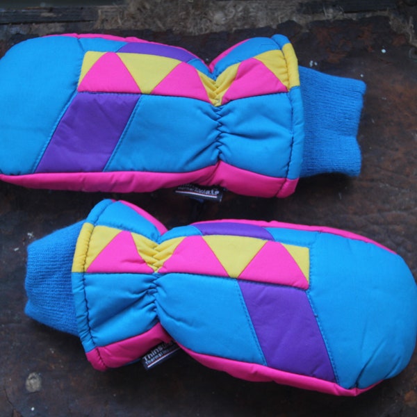 Vintage 1980s, 1990s PINK/ BLUE/ PURPLE Color Block Thinsulate Ladies Ski Gloves/Mittens