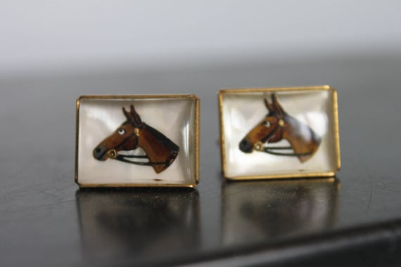RARE,Antique Equine Cuff links,Glass Dome Horse He