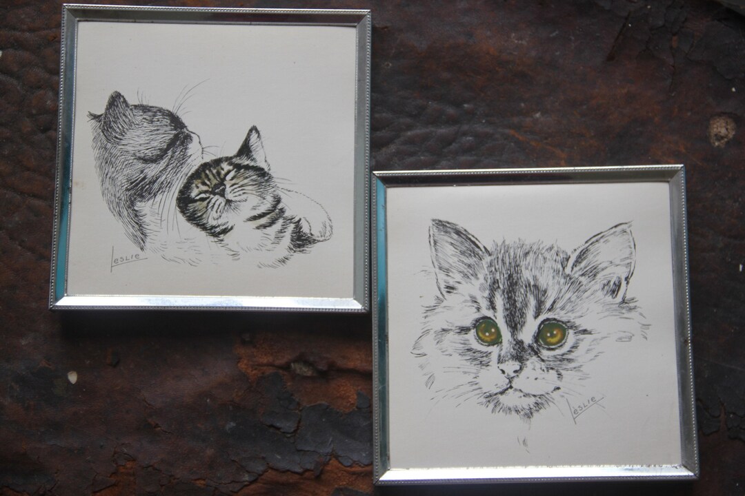 2 Vintage Framed Cat Prints Pair of Cat Pictures Color Etsy