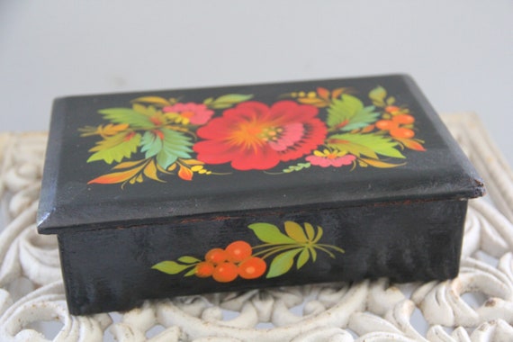 Vintage Hand Painted Jewelry Box 陶器製ケース UA Creations Petrykiv Ethnic Rectangular Lacquered Wooden