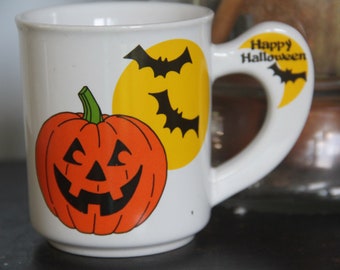 Vintage 1980s (1988) Happy Halloween Mug, Jack o Lantern, Bats on handle, vintage Love mug Korea, vintage Trick or Treat Halloween Mug