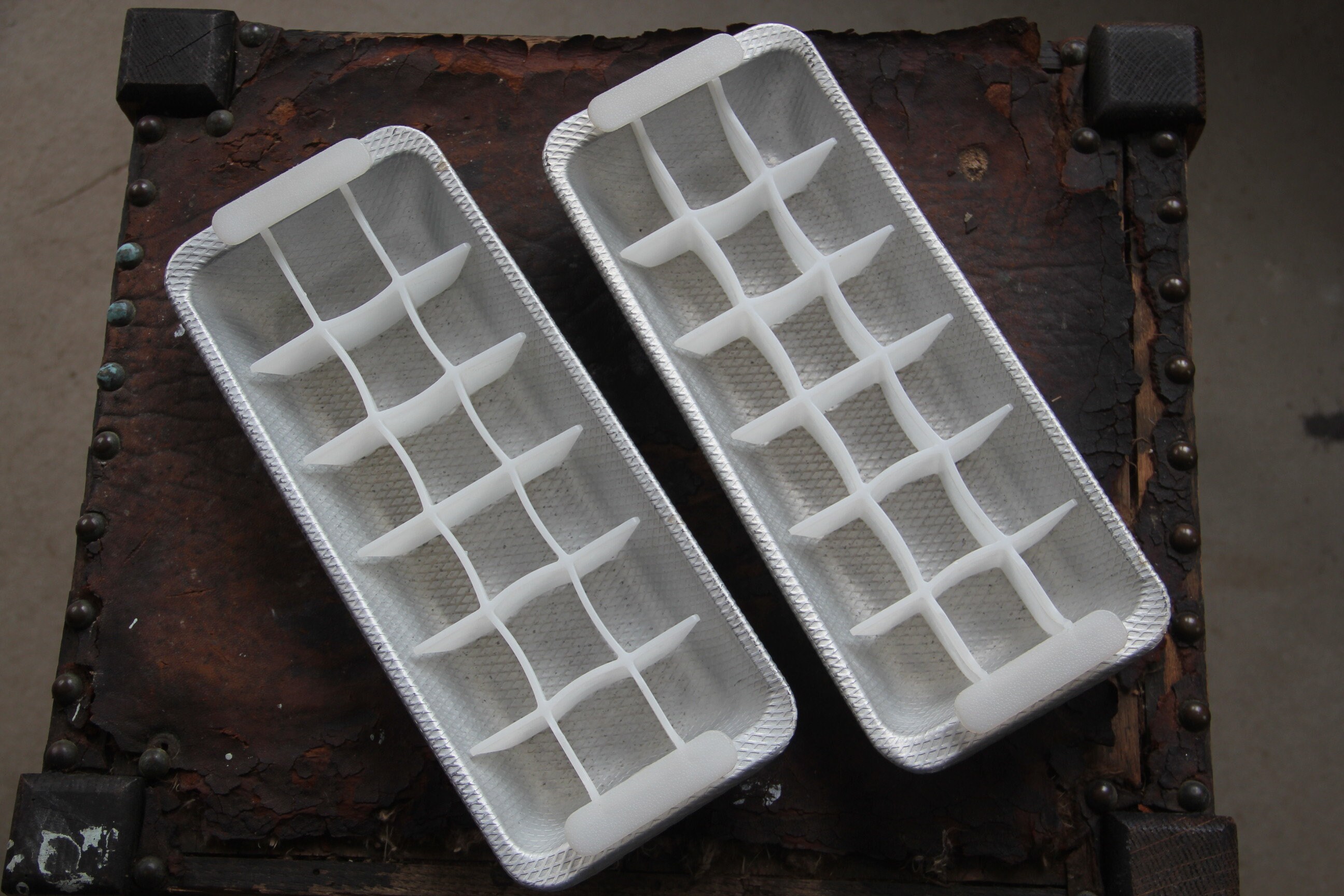 Vintage Set Of 2 Aluminum Ice Cube Tray 11 1/8 Long Dimpled Textured Tray
