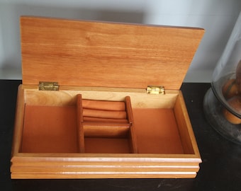 Vintage Wood Jewelry Box, Beige Interior, Ring Holder