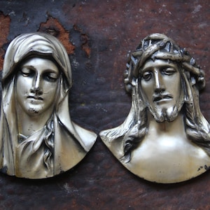 Antique Mary and Jesus wall plaques, Vintage Madonna and Jesus sculptures, Vintage Christian artwork, Cast metal statue, vintage Jesus art