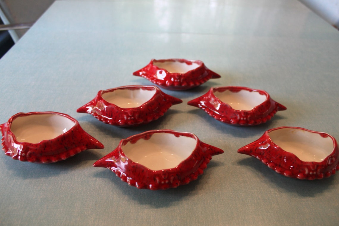 6 Vintage RED Ceramic Crab Shell Serving Dishes Etsy