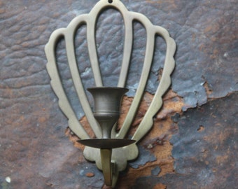 Great patina! Single brass shell wall sconce for taper candles, Shell back sconce,