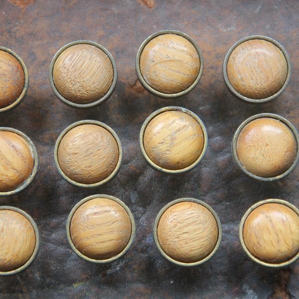 Beautiful PAIR of Distressed Round OAK Wood and Metal Hardware Knobs, 15 pairs available, Great PATINA made in Canada