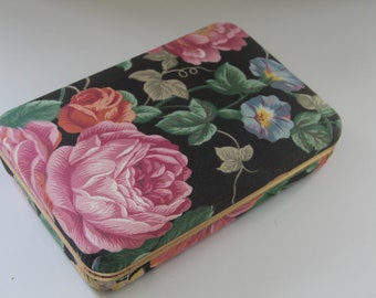 Colorful Vintage floral fabric covered Clamshell Jewelry Box, Floral jewelry box, Morning Glory and Roses, Interior mirror