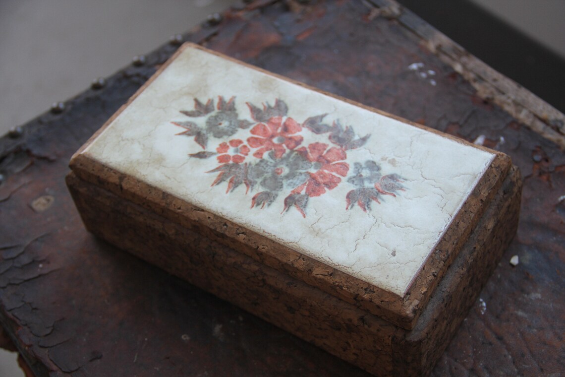 Vintage Cork Jewelry Box With Floral Ceramic Tile Etsy