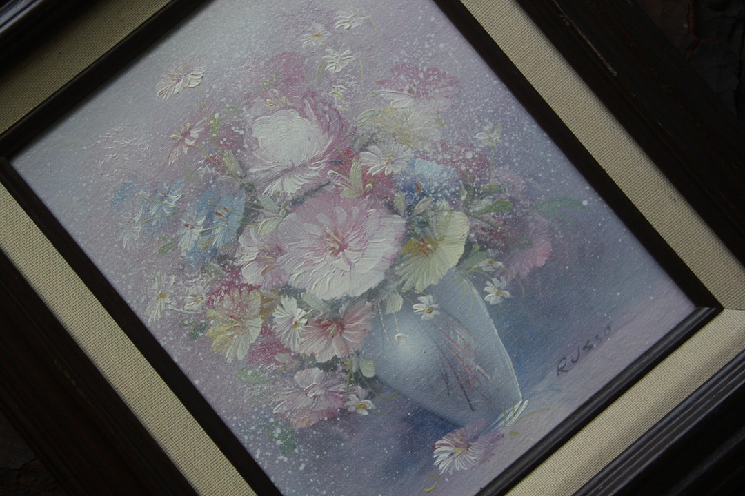 Vintage Floral Oil Painting: Signed Russo, Muted Pastel Colors (13x15 ...