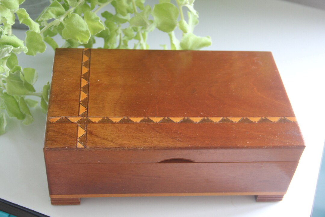 Antique Inlaid Wood Jewelry Box With Mohair Interior, Beautiful Wood