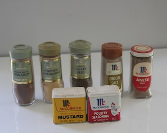 Lot of vintage McCormick spice jars, 1970s-80s McCormick Spice Bottles, Retro Kitchen Decor, TV/Movie Prop