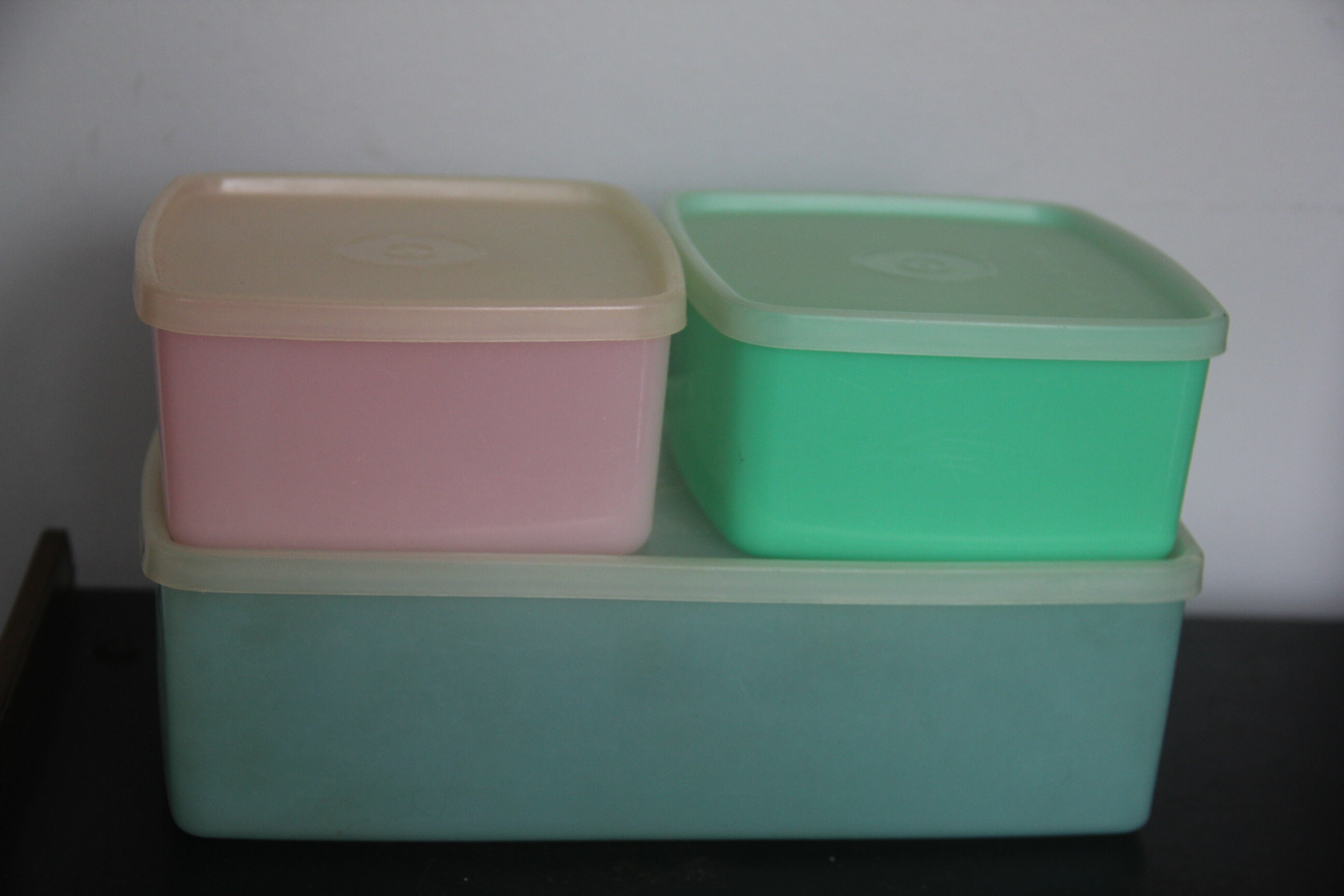 Vintage Tupperware Square Round Covered Containers Sheer Pink, Blue, Green  and Yellow Set of 4 