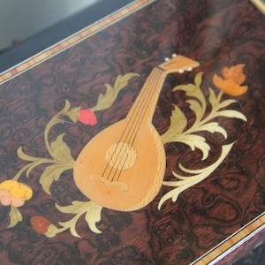 Vintage Italian Wood Marquetry Music Box, Red inside, Inlaid wood jewelry box, Decorative wood music box, plays Tomorrow (from Annie)