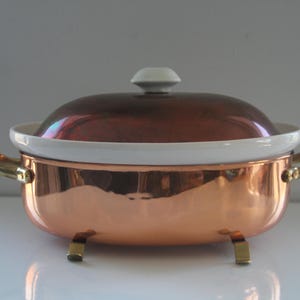 Vintage Copper, Brass and Ceramic Oval Casserole Dish, PATINA!  vintage Copper kitchen, Urban Farmhouse, vintage Copper Kitchen, Farmhouse