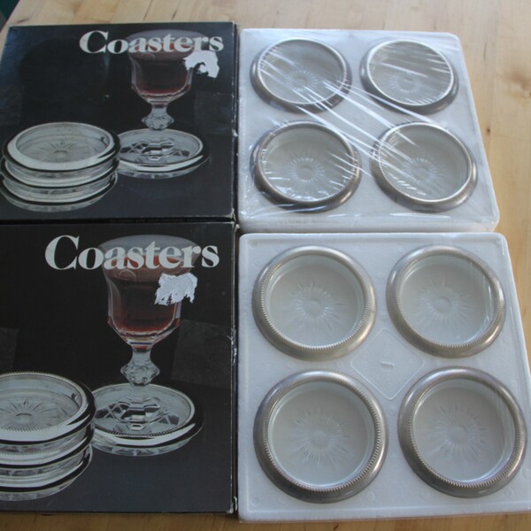 2 packages of New Old Stock Vintage Silver Plated and Crystal Coasters Ashtrays Set of 8 Leonard Mark Stackable, Italian Crystal