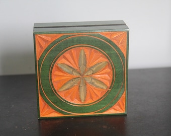 Vintage Polish Carved Wood Trinket Box, Floral Design