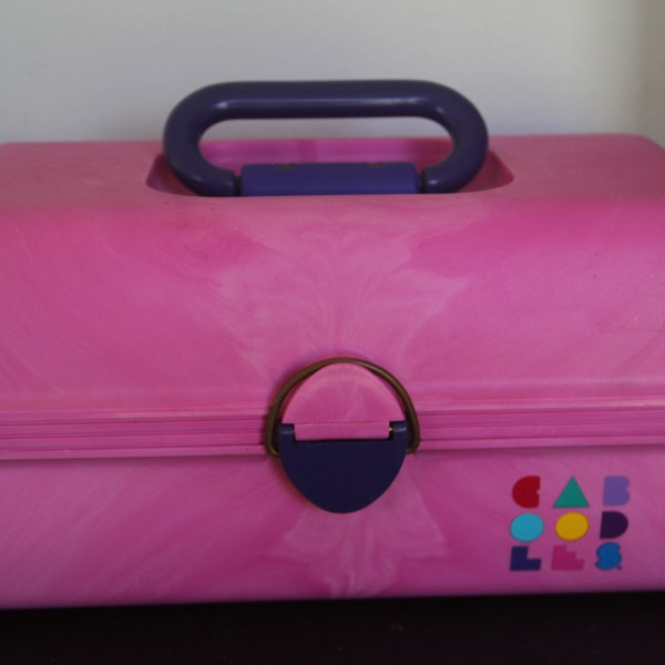 Vintage 1980-90s Caboodles Make Up Case,  Mirror Train Case, Vintage Tote Makeup Case Box PINK SWIRL and Purple Color, #2620 Made in USA