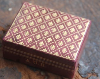 Antique Italian Leather Jewelry Box, Tooled Fleur de Lis, Monogrammed