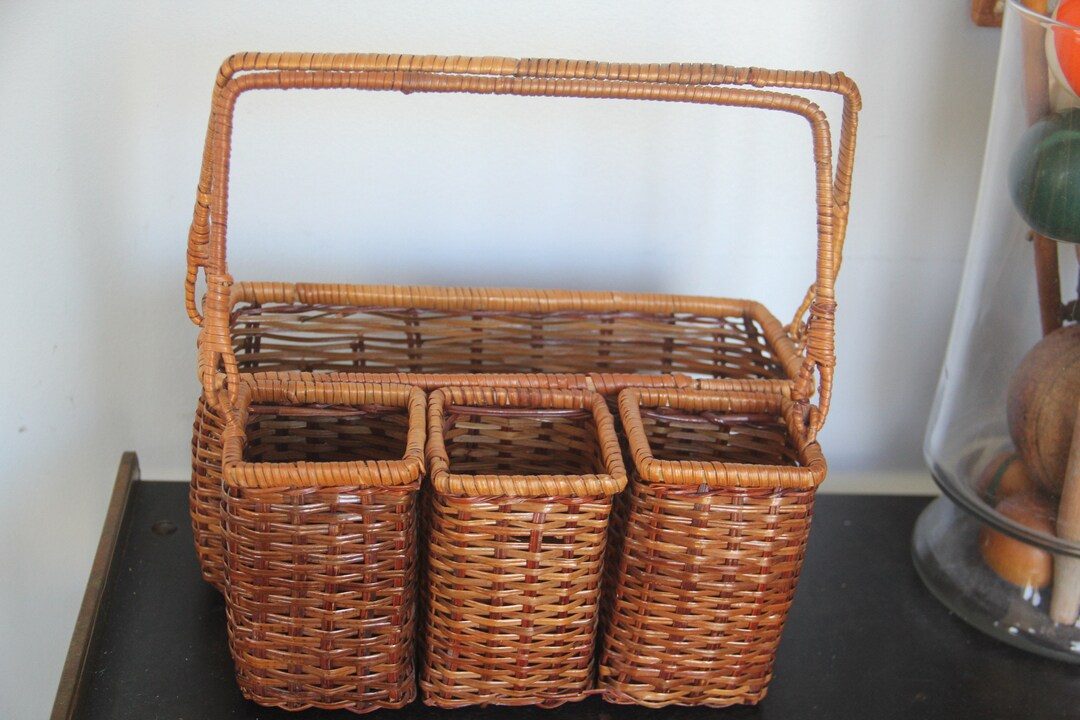 Vintage WICKER Silverware Caddy, Vintage Silverware Caddy, Vintage