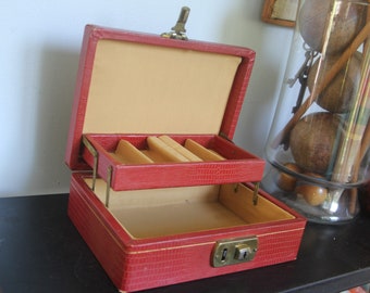 Vintage Red Faux Reptile Leather Jewelry Box, Art Deco Style