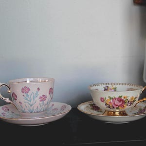 PAIR of vintage English Bone China Teacups, Royal Grafton Golden Heritage and Pink Tuscan, Floral Vintage English bone China