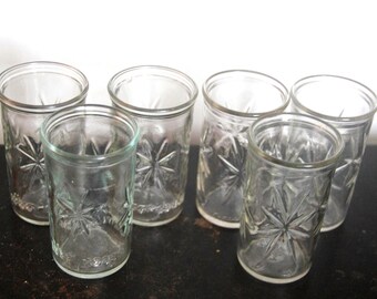Set of 6 Vintage Starburst Jelly Jar Glasses, Pressed Glass Tumblers