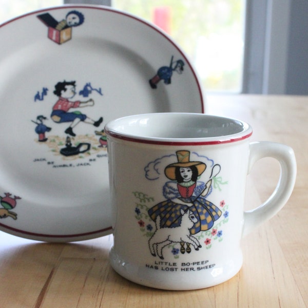 2 sets avail, vintage Little Bo-Peep Mug/Jack Be Nimble Plate, vintage Shenango China, Nursery Rhymes Series ~ 1920s-1950s, Vintage Shenango