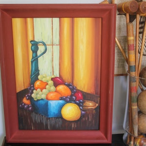 Fantastic Vintage Framed Still Life Painting, vintage still life painting, Cobalt blue accents, Wood frame, 19 x 15 framed painting,