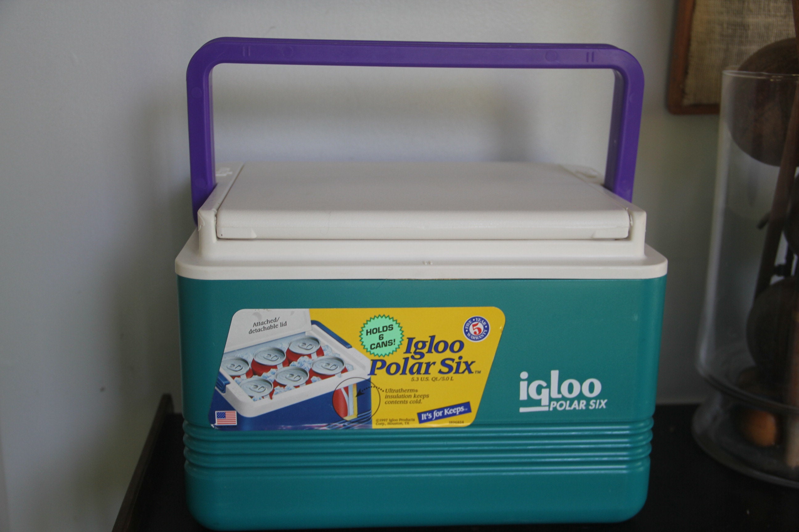 Vintage 90s Igloo Polar Six Cooler with advertising! 1997, Purple Teal  White Pack Soda Pop Made USA