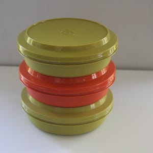 Vintage Tupperware 1206, 6 Pieces, 3 Bowls with 3 Lids, Seal-N-Serve, Serve-N-Store, Autumn Harvest Tupperware, Orange, Green
