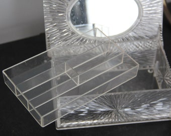 vintage Clear Acrylic jewelry box,  Lucite Jewelry Dresser Box ,Trinket Box with Lift out Tray, small jewelry box with mirror,vintage lucite