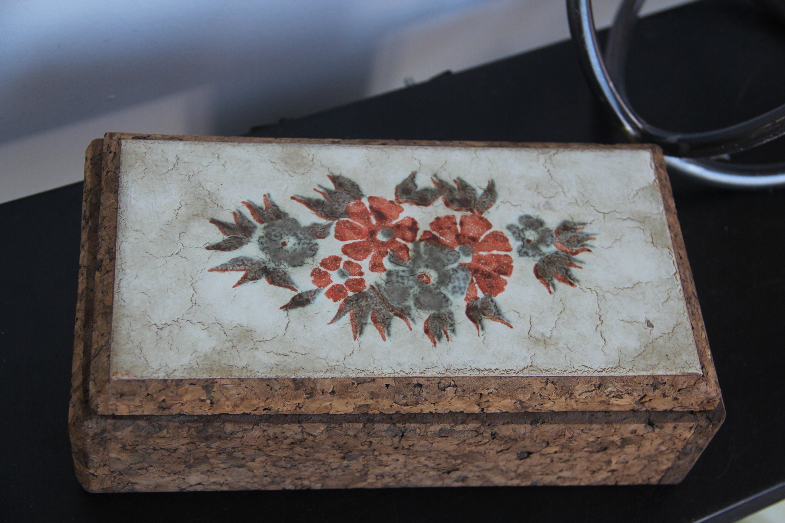 Vintage Cork Jewelry Box With Floral Ceramic Tile Etsy